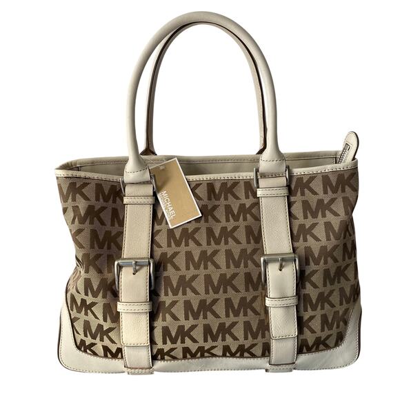 Michael Kors Brookville East West Tote Carry All Bag Tan Jacquard Canvas VTG Y2K